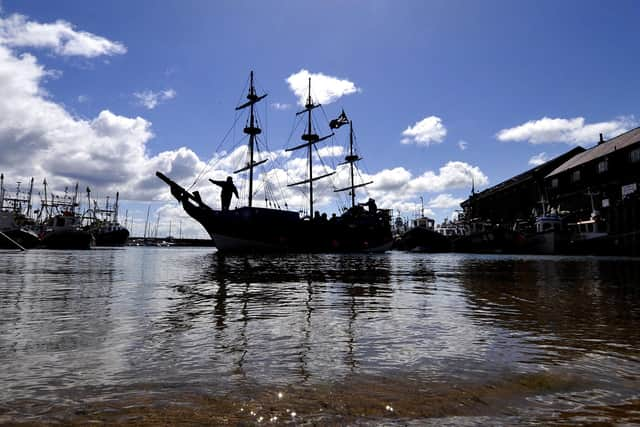 The Hispaniola sets sail in the sunshine leaving Scarborough for open water