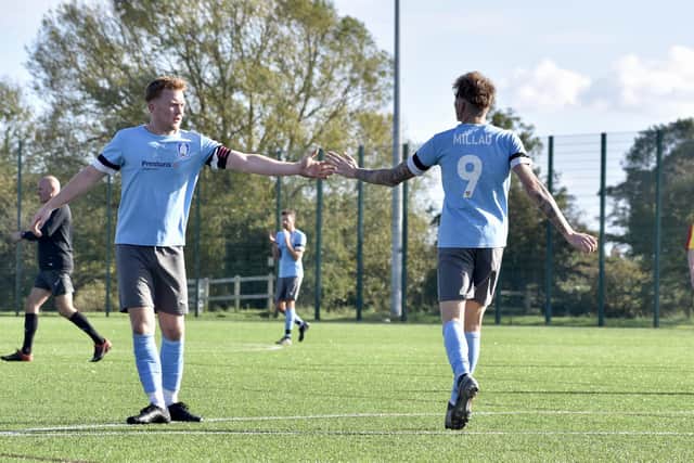 Bridlington Rovers Millau celebrate one of their 11 goals as they hammered Langtoft. PHOTOS BY TCF PHOTOGRAPHY