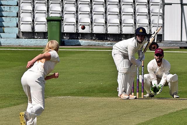 Yapham's Robyn Dennington bowls to Scarborough 2nds' Jack Ingle during her spell of 5-19