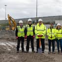 Pictured from the left are Jason Hardwick, LBA; Rio Masters, LBA apprentice; Vincent Hodder, CEO of LBA; Darren McIvor, project manager, Farrans Construction; Helen Rhodes, LBA apprentice; and Charles Johnson, head of planning development for LBA, at the ground breaking ceremony