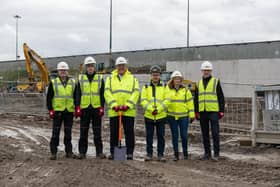Pictured from the left are Jason Hardwick, LBA; Rio Masters, LBA apprentice; Vincent Hodder, CEO of LBA; Darren McIvor, project manager, Farrans Construction; Helen Rhodes, LBA apprentice; and Charles Johnson, head of planning development for LBA, at the ground breaking ceremony
