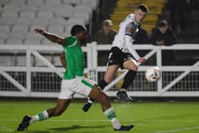 Luca Colville of Scarborough Athletic whips in a cross against Bradford Park Avenue 