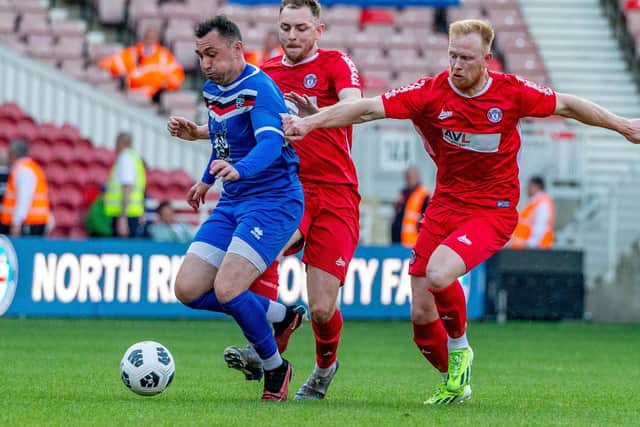 Nathan Thomas scored the fourth goal for Whitby Town in their cup final success. PHOTOS BY BRIAN MURFIELD