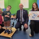 Lara Whitton, Physiotherapist at The Movement Centre with three-year-old Percy Whitehead from Scarborough, 30 for 30 fundraiser Nigel West from Fiveways Insurance Group and Claire Snape, Head of Fundraising at the charity in Oswestry.