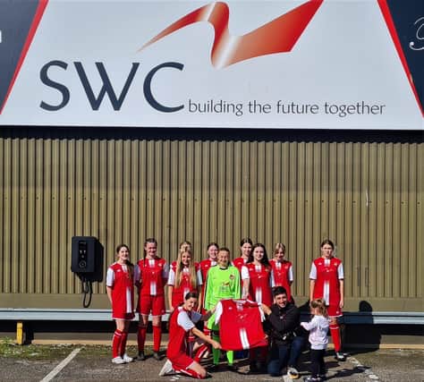 Scarborough Ladies FC Under-15s show off their new kit presented by Rhys Richings of SWC Trade Frames LTD, this is a continuation of their sponsorship.