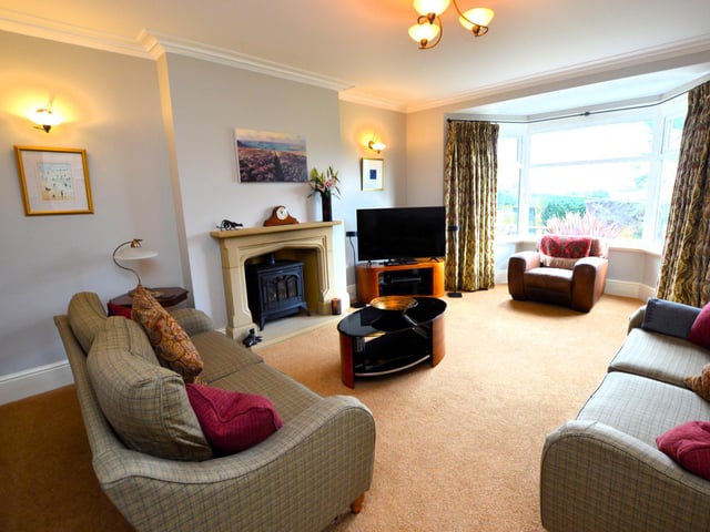 The lounge, with a large bay window and a feature fireplace with stove .