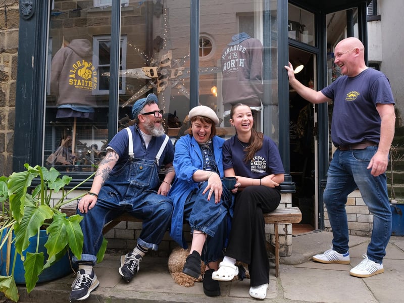 Enjoying a chat at Staithes festival.