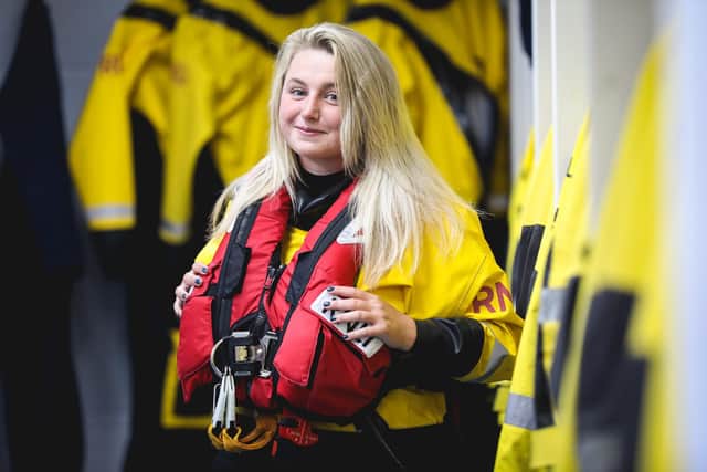 Leah Hunter inside Whitby RNLI station. Image: RNLI/Ceri Oakes