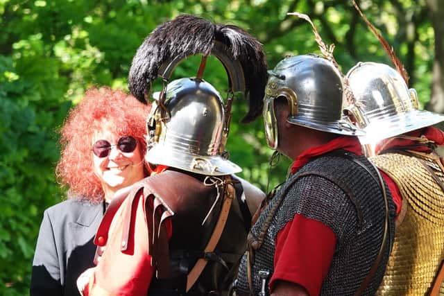 Egyptologist Professor Joann Fletcher and members of The Roman VI Legion at The Big Day Out At Scarborough Castle. Photo by Alan Yarker