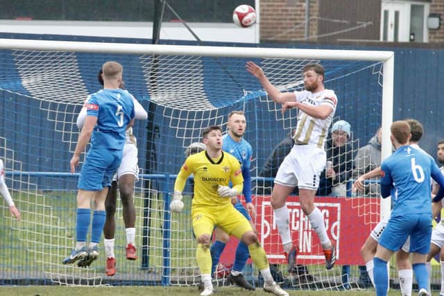Skipper Tom Allan scored the second goal for Bridlington Town in their 3-2 loss on the road at high-flyers Dunston on Saturday. Photo by Alexander Fynn