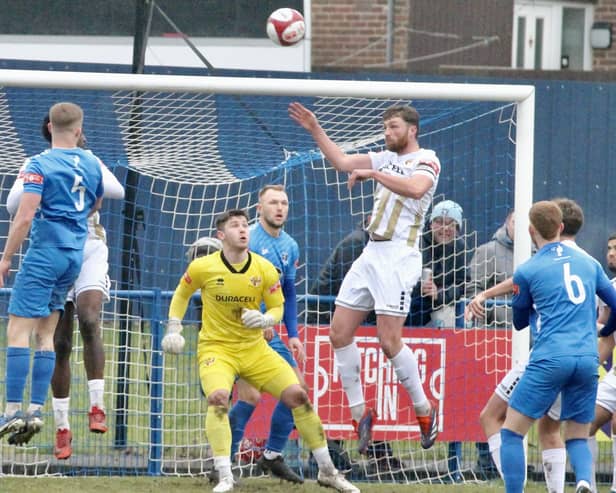 Skipper Tom Allan scored the second goal for Bridlington Town in their 3-2 loss on the road at high-flyers Dunston on Saturday. Photo by Alexander Fynn
