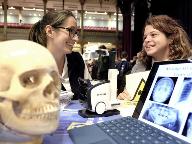 Radiographer Steph Robertson chats to a Lady Lumley's pupil