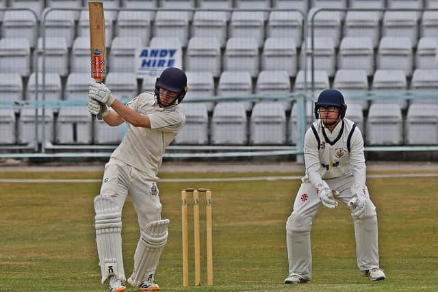 Opener Ben Squires hits out during his excellent 76 for Scarborough. Photo by Simon Dobson