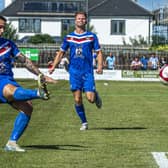 Matty Tymon fires at goal for Whitby Town at home to Hartlepool. Photo by Brian Murfield