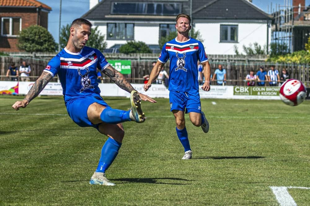 Matty Tymon fires at goal for Whitby Town at home to Hartlepool. Photo by Brian Murfield