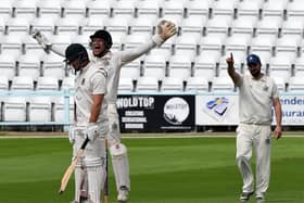 Scarborough keeper Ben Gill appeals successfully for LBW. Rob Pinder knows the decision.