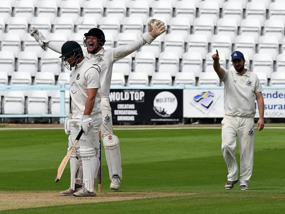 Scarborough keeper Ben Gill appeals successfully for LBW. Rob Pinder knows the decision.