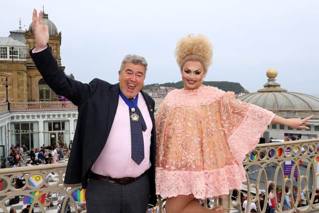 Charter Mayor John Ritchie and Drag Race superstar Cheryl Hole at Scarborough Pride