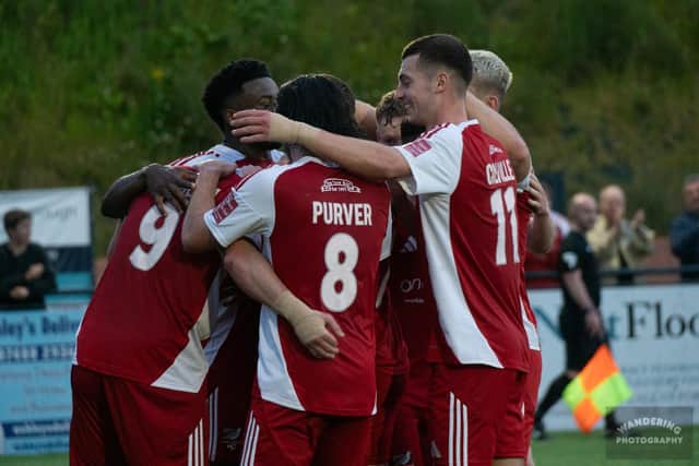 Boro players celebrate one of Mulhern's goals. PHOTO: WANDERING PHOTOGRAPHY