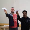 Daniel Millar and Toyin Omari-Kinch in rehearsal for The Winston Machine