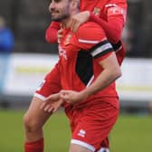 Alex Markham jumping on James Williamson after his goal for Bridlington Town in Saturday's 3-0 home win against Consett. PHOTO BY DOM TAYLOR