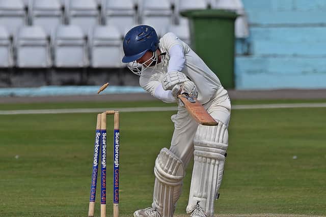 Scarborough 2nds batsman Tom Bussey is clean-bowled.