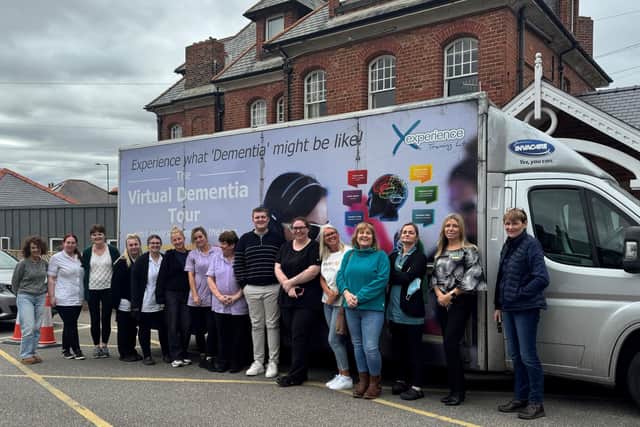 Virtual dementia bus and Whitby's Peregrine House staff.