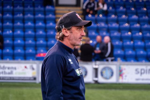 Boro boss Jono Greening watches the game at Macclesfield. Photo by Chris Marson