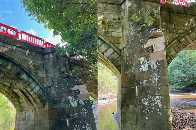 Damage caused to stonework at Grosmont Bridge after a road traffic accident.
