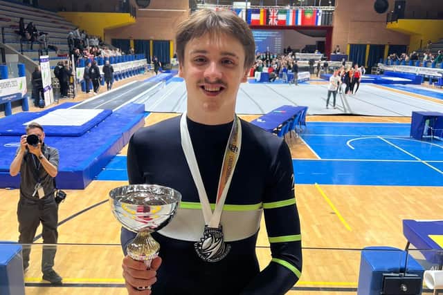 Scarborough Gymnastic Academy's Brodie Aziz won a silver medal at the Mid European TeamGym Championships as part of the LS Senior Men's team. PHOTO BY TOM PECK