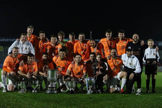 Edgehill show off their haul of trophies from a superb season, after the 7-3 defeat of Amotherby in the District Cup final. PHOTOS: ZACH FORSTER