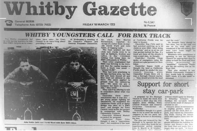 The original Whitby Gazette headline of the pump track plan back in 1983.