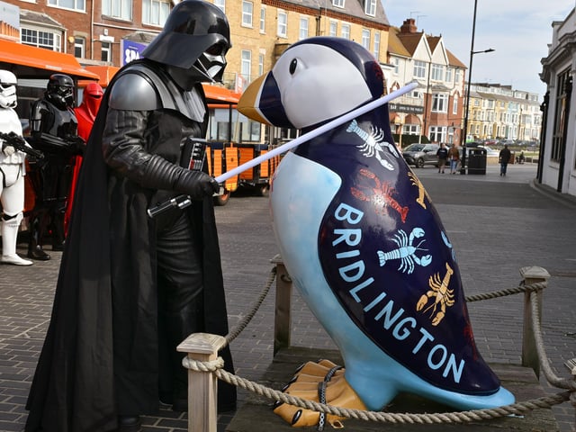 Darth Vader knights the iconic puffin statue outside Bridlington Spa.