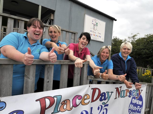 Nursery nurses Chantelle Barnett (L), Julie Parker, Rebecca Hunt, Lisa Brown, and Joanne Pickup, celebrate the Children's Place Nursery, at Scarborough Hospital, being saved from closure. pic by Andrew Higgins
