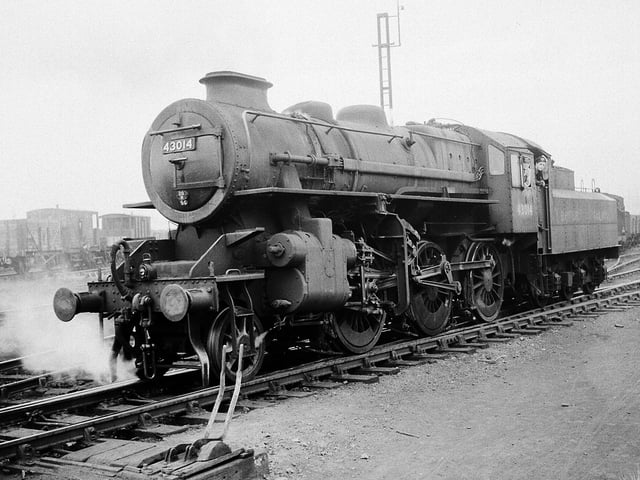 Class 4 MT 2-6-0 No. 43014 shunting the yards at Stourton, Leeds. July 31, 1952.
