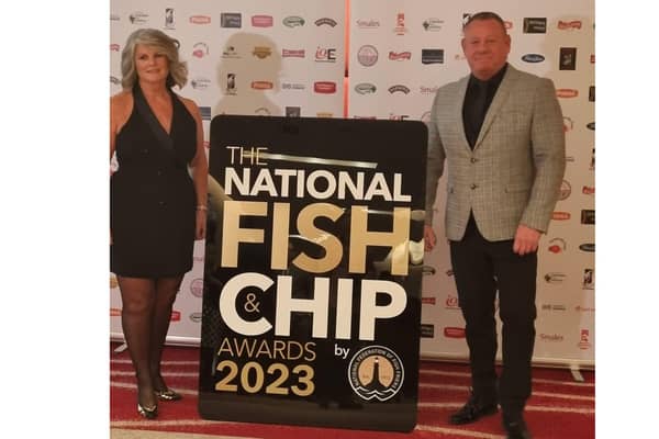 Jayne and Gary Sharples, management at Lighthouse Fisheries, accepting their well-earned Best Newcomers award at a London presentation evening.