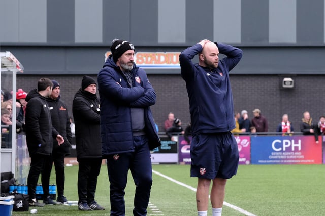 Boro boss Jonathan Greening and coach Jimmy Beadle look on in disbelief during the home loss against Southport.