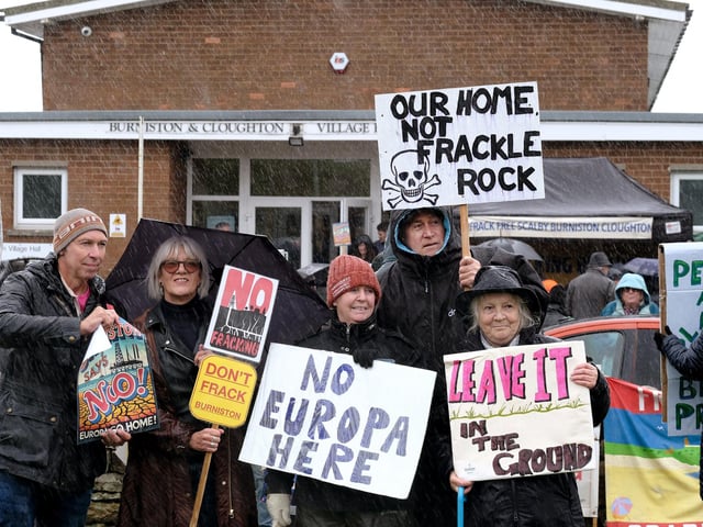 Anti fracking protesters at Burniston and Cloughton Village Hall
