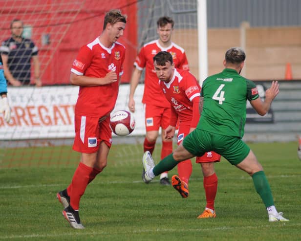 Matty Dixon, in action for Brid Town earlier this season, is now playing for North Ferriby. PHOTO BY DOM TAYLOR