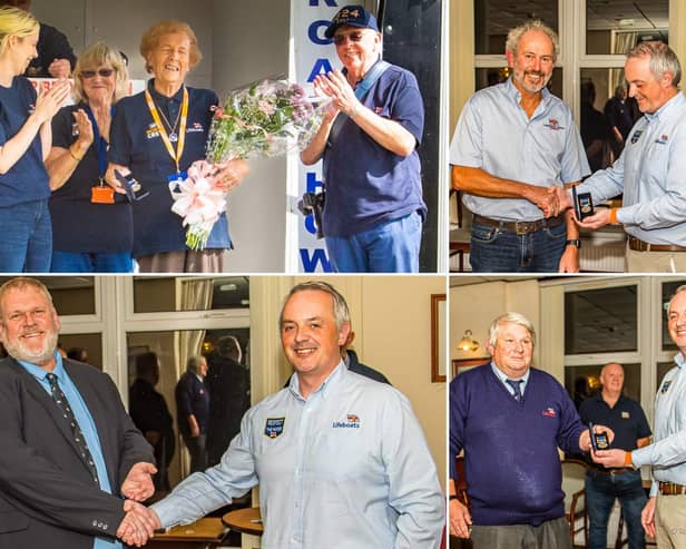 Margaret Sharp, Stuart Cross, Scott Vardy and David Freeman being presented with their long service medals - Image: RNLI/Rod Newton