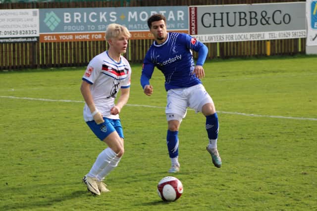 Max Howells in action during Town's win at Matlock.  Photo: Owen Cox/Whitby Town FC