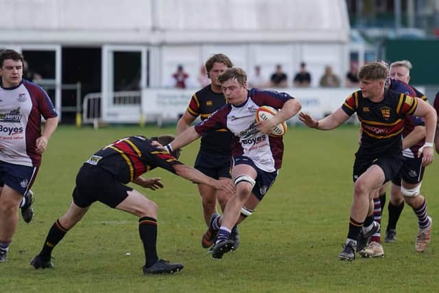 Noah Thompson in action for Scarborough RUFC in the 92-21 Papa John's Plate semi-final loss at West Bridgford. Photo by Charlie Hopper