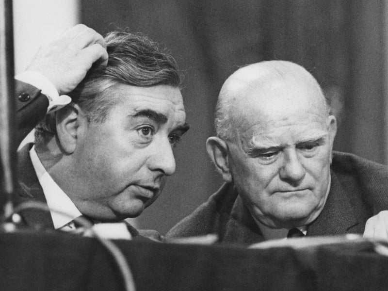 British politician George Brown (1914 - 1985, left), the Deputy Leader of the Labour Party, talks to trade unionist Sam Watson (1898 - 1967) - 30th September 1963.