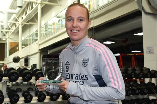 Beth Mead with her Yorkshire Young Achievers Personality of the Year Award at London Colney. She was unable to go to the ceremony.
Photo by David Price/Arsenal FC via Getty Images,
