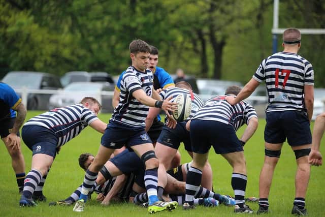 Pocklington RUFC scrum-half Rob Boddy boots the visitors onto the attack at Bradford. PHOTO BY BECKY BRETT