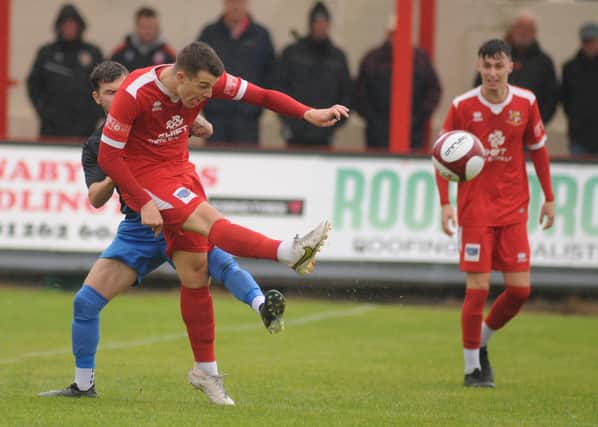 Eddie Rogerson lets fly for the Seasiders in Saturday's 1-0 home win against Maltby. PHOTOS BY DOM TAYLOR