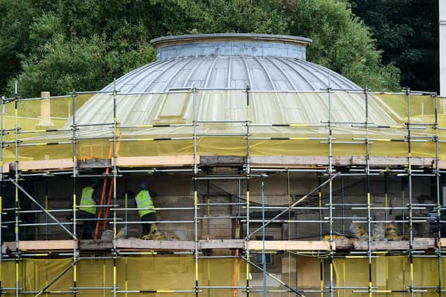 Workers from Pinnacle Conservation at work on the exterior of Scarborough's Rotunda Museum. Image: ©Tony Bartholomew