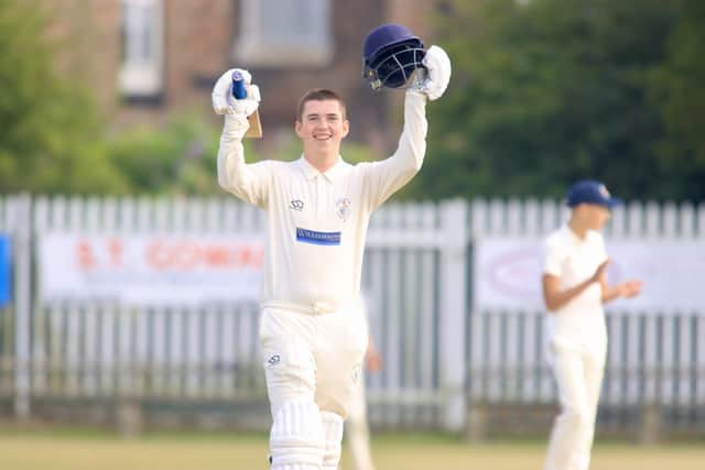 Kolbin Thorpe celebrates hitting his century for Bridlington 3rds on Sunday. PHOTO BY TCF PHOTOGRAPHY