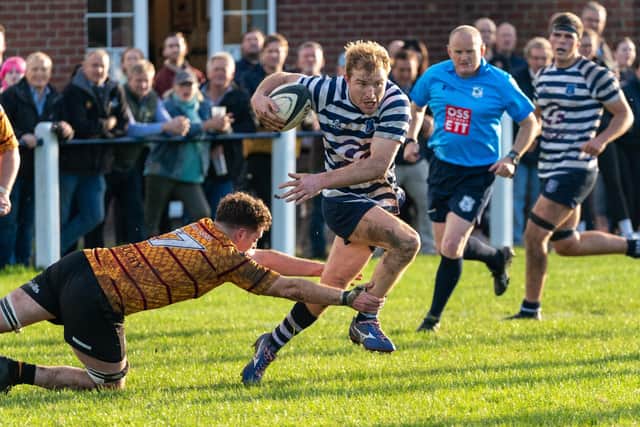 Pocklington RUFC's Jed Jackson who starred in attack and defence heads for the line against Harrogate.    Photo by David Wilkinson