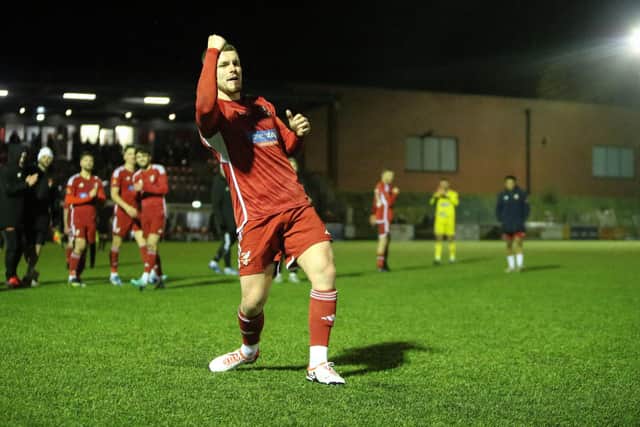 Bailey Gooda delivers a fist-pump to the Boro fans after their superb home win.